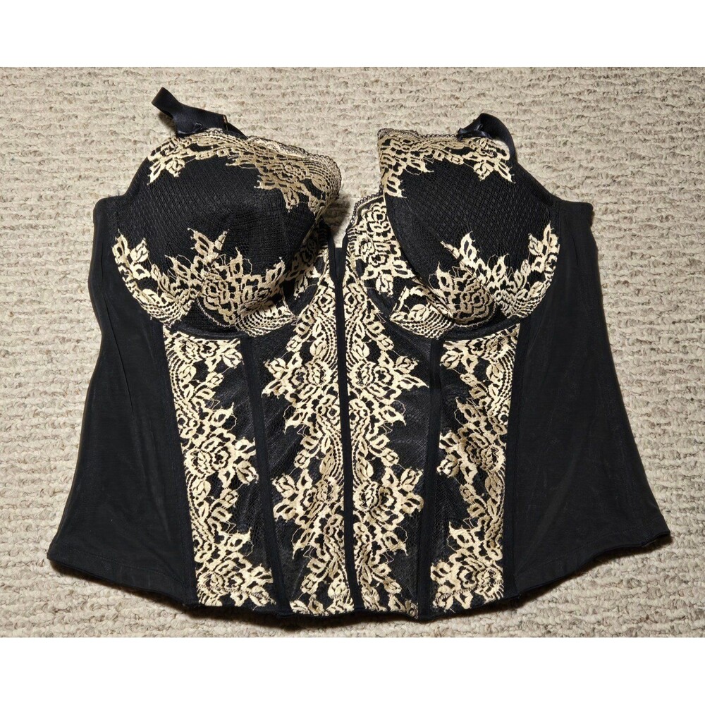 Cacique Lane Bryant Corset Bra Top Black Gold Mesh Plus Size 44DDD Boudoir